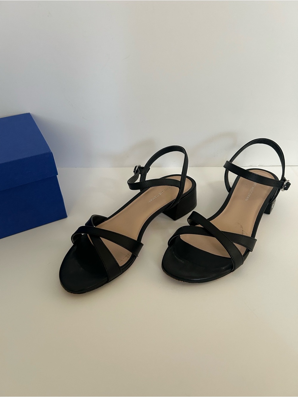 Stuart Weitzman Black Strappy Low Block Heel Sandals